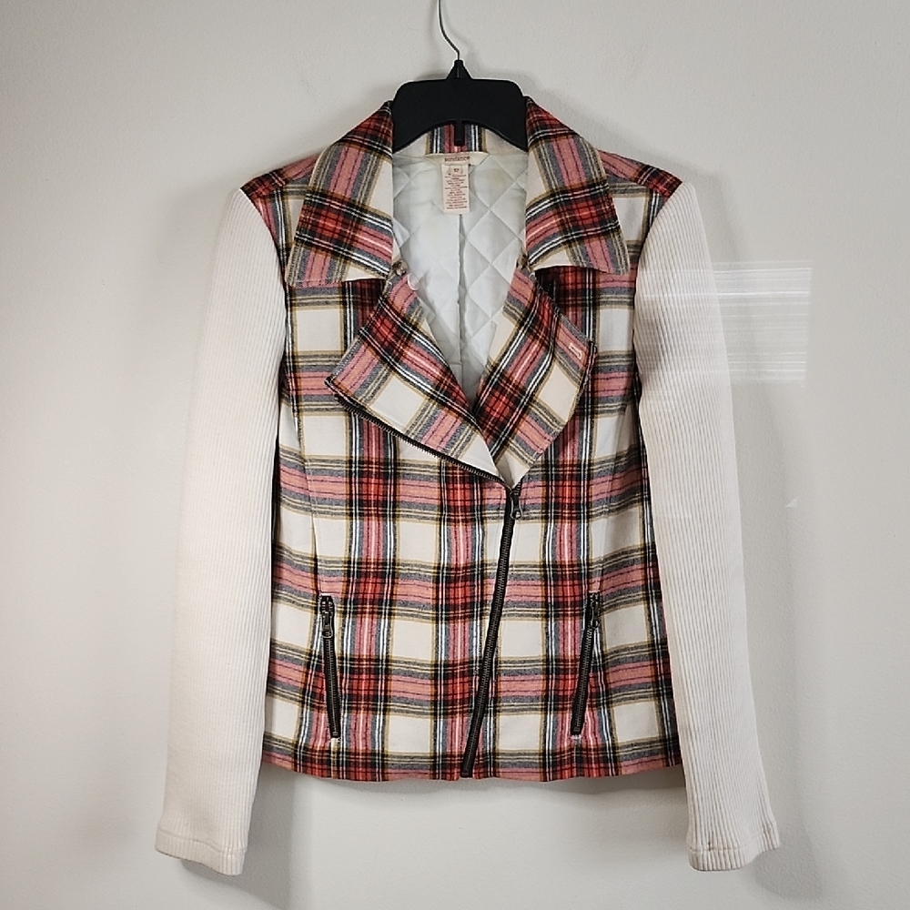 Sundance Multicolor Plaid Jacket with Cream Sweater Sleeves Full Zip Womens 12